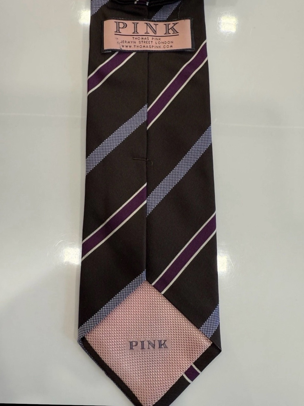 Thomas Pink Black Silk Tie with Purple and Light Blue Stripes